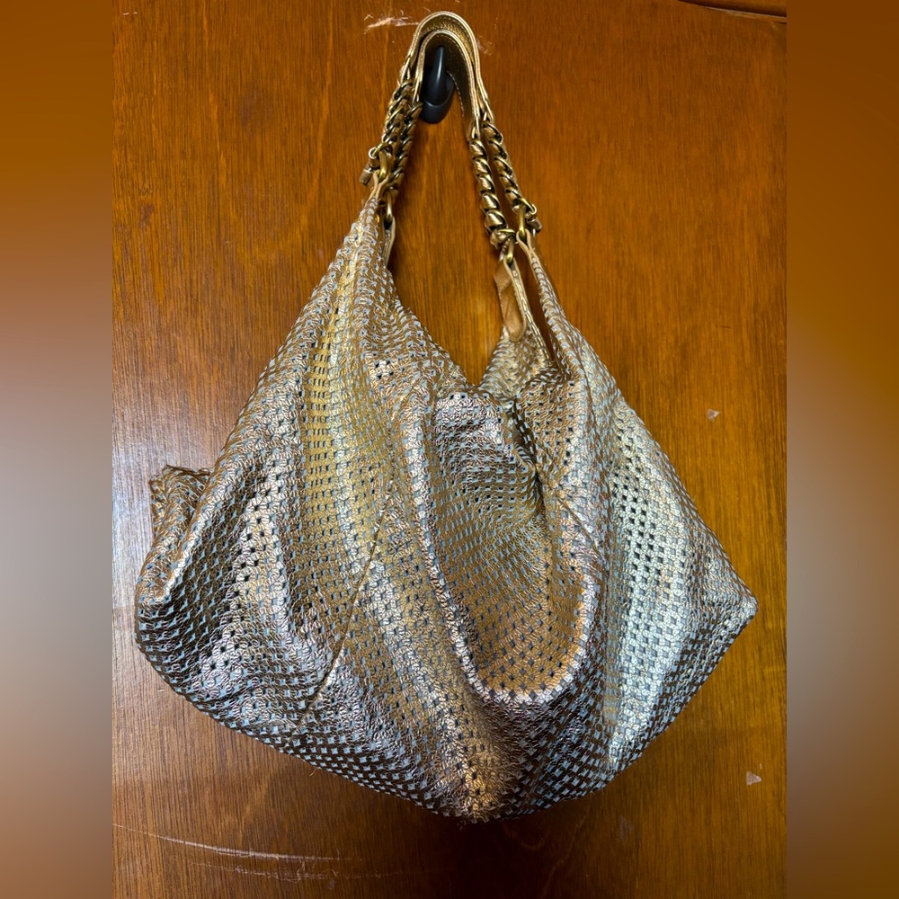 Isabella Fiore Leather Laser Cut Hobo Slouchy Chunky Shoulder Bag Golden